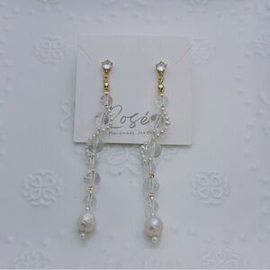 26E150 Handmade Freshwater Pearl Clear Quartz Long Dangling Earring